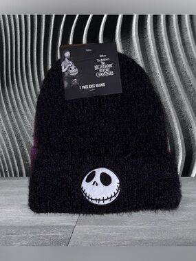 NWT Night Before Christmas 2-Pack Black & Purple Knit Jack and Sally Beanies